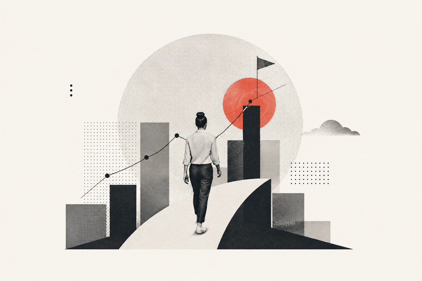 Illustration of a person walking a path toward a rising growth chart and a flag marking the goal