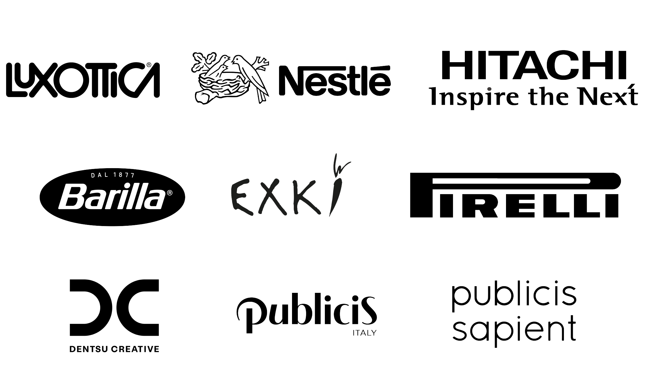 Luxottica, Nestlé, Hitachi Rail. Barilla, Exki, Pirelli, Dentsu Creative, Publicis, Publicis Sapient
