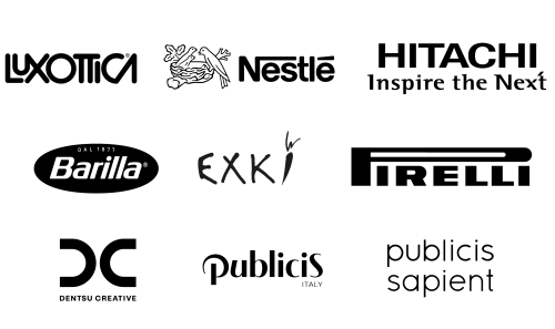 Luxottica, Nestlé, Hitachi Rail. Barilla, Exki, Pirelli, Dentsu Creative, Publicis, Publicis Sapient
